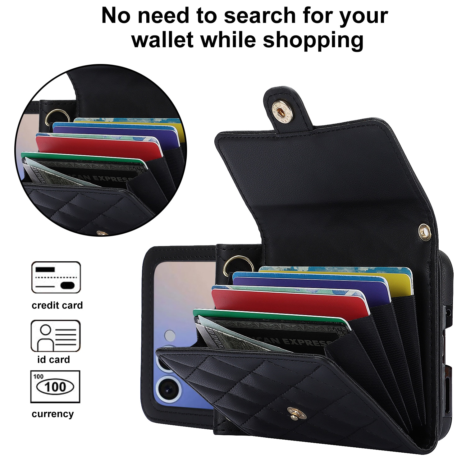 Samsung Galaxy Z Flip 7 RFID blocking Wallet/Purse Quilted Black