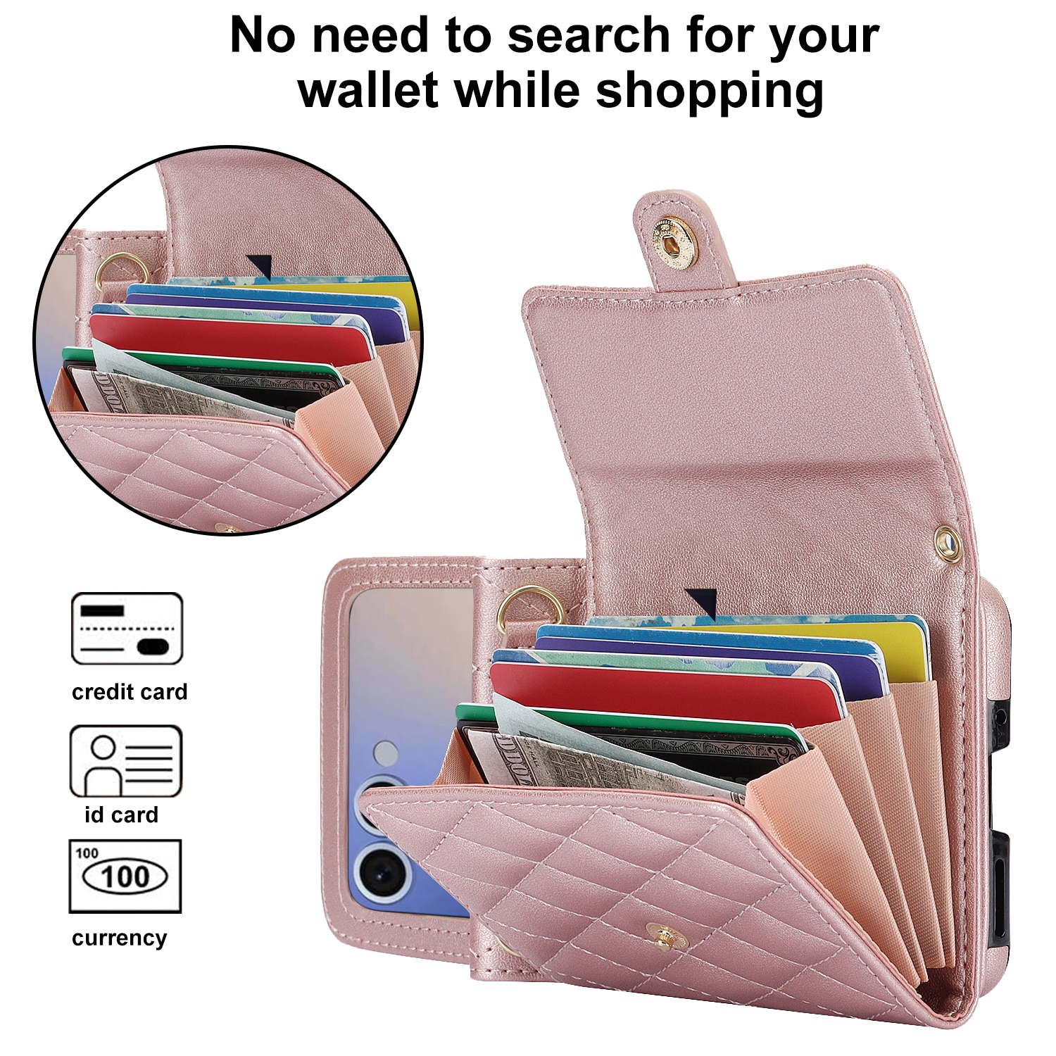 Samsung Galaxy Z Flip 7 RFID blocking Wallet/Purse Quilted Rose Gold