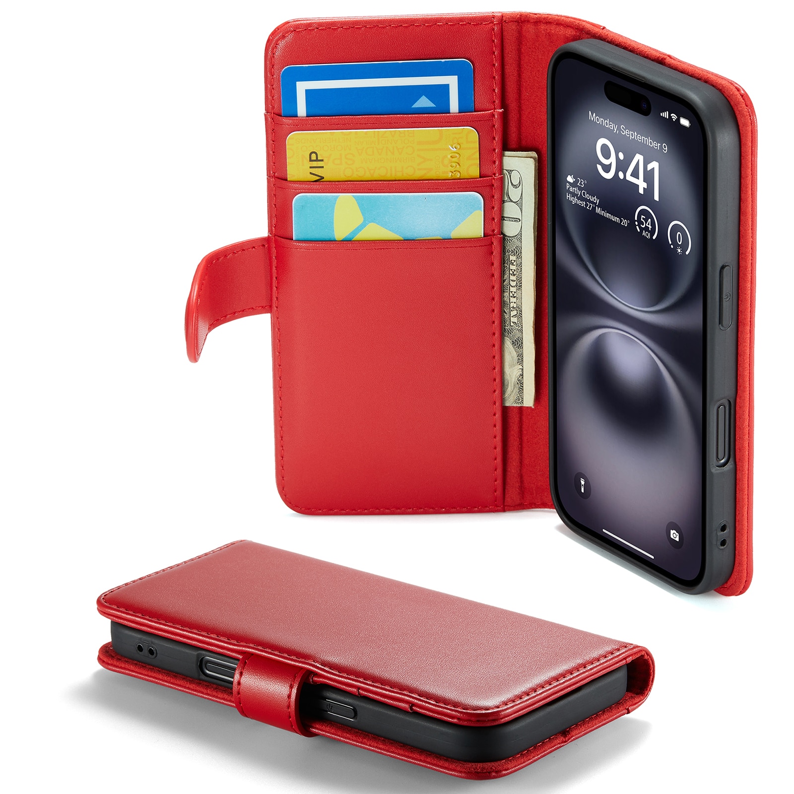 iPhone 16 Genuine Leather Wallet Case Red
