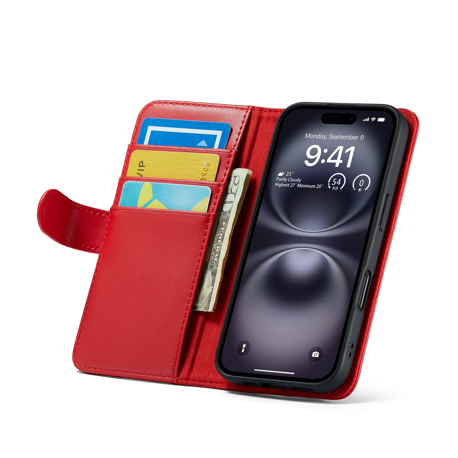 iPhone 16 Genuine Leather Wallet Case Red