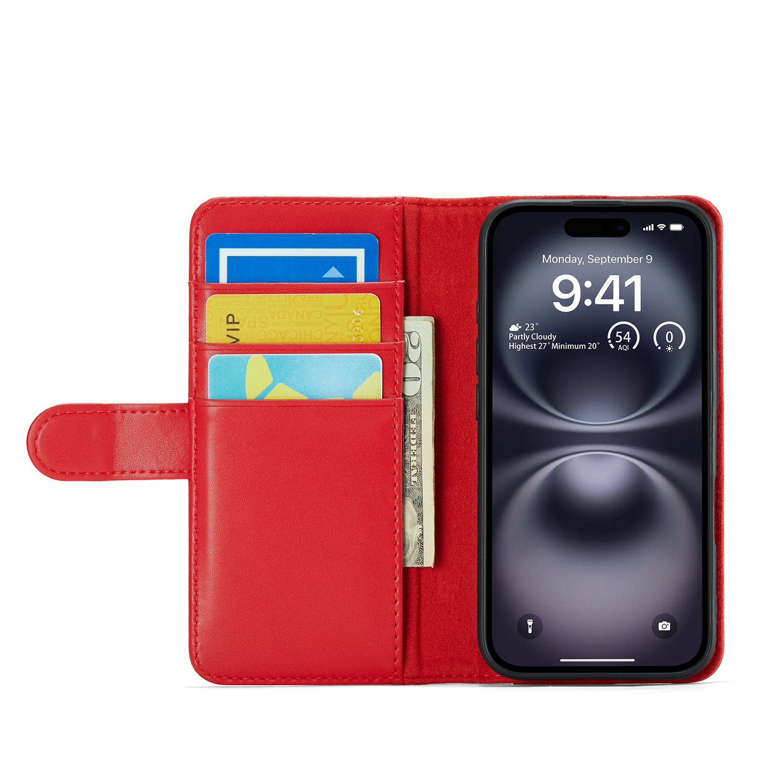 iPhone 16 Genuine Leather Wallet Case Red