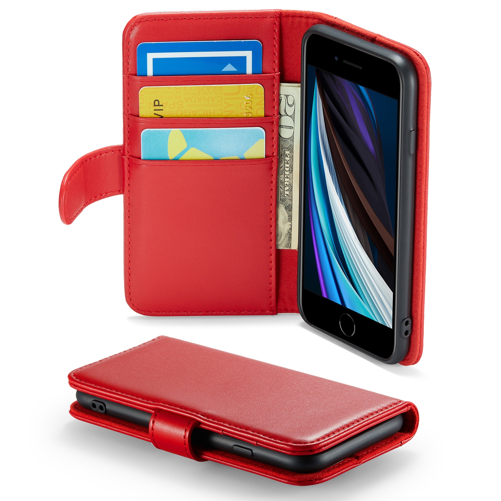 iPhone SE 2022 Genuine Leather Wallet Case Red