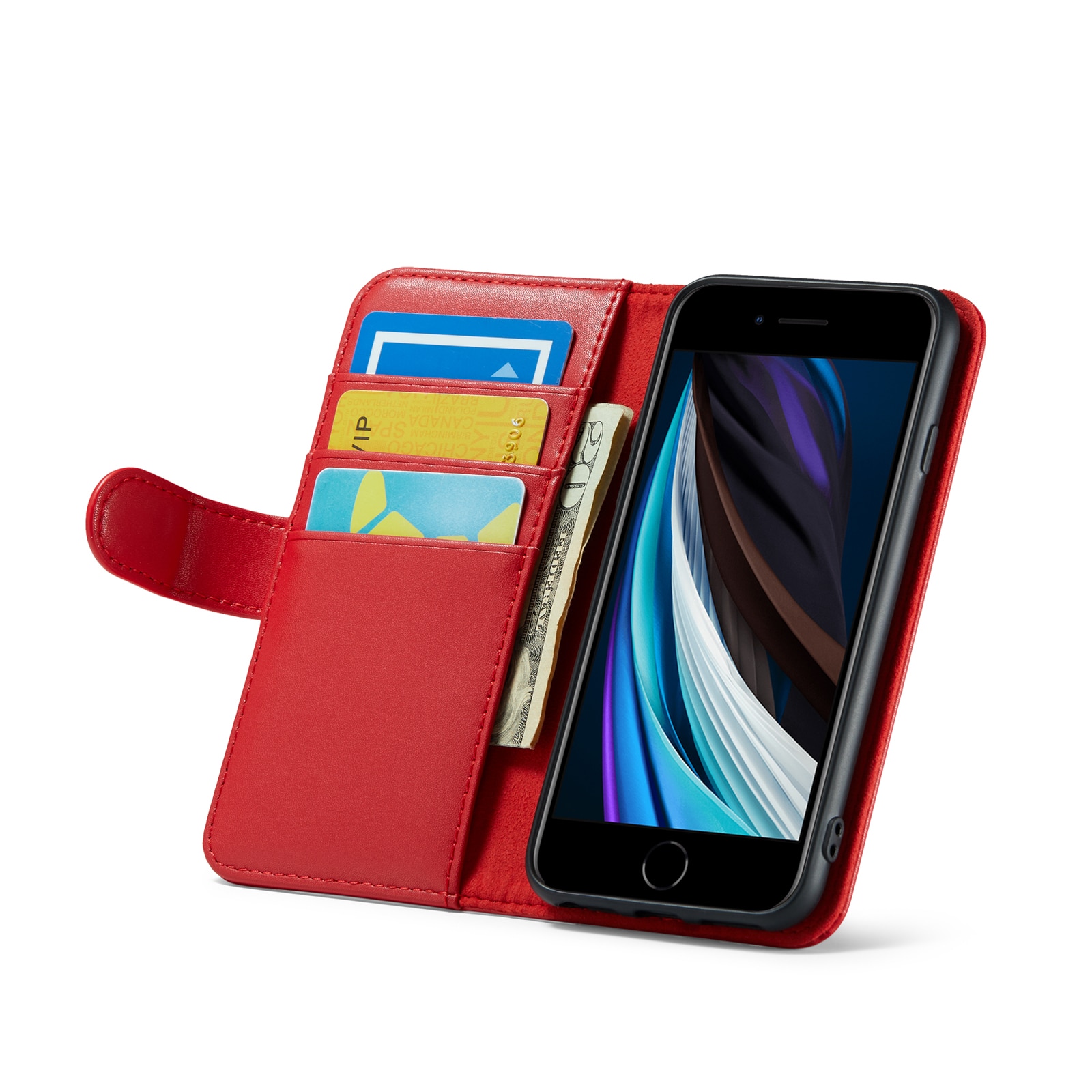 iPhone SE 2022 Genuine Leather Wallet Case Red