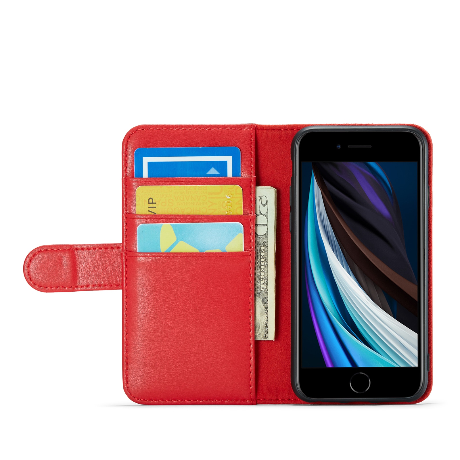 iPhone SE 2022 Genuine Leather Wallet Case Red