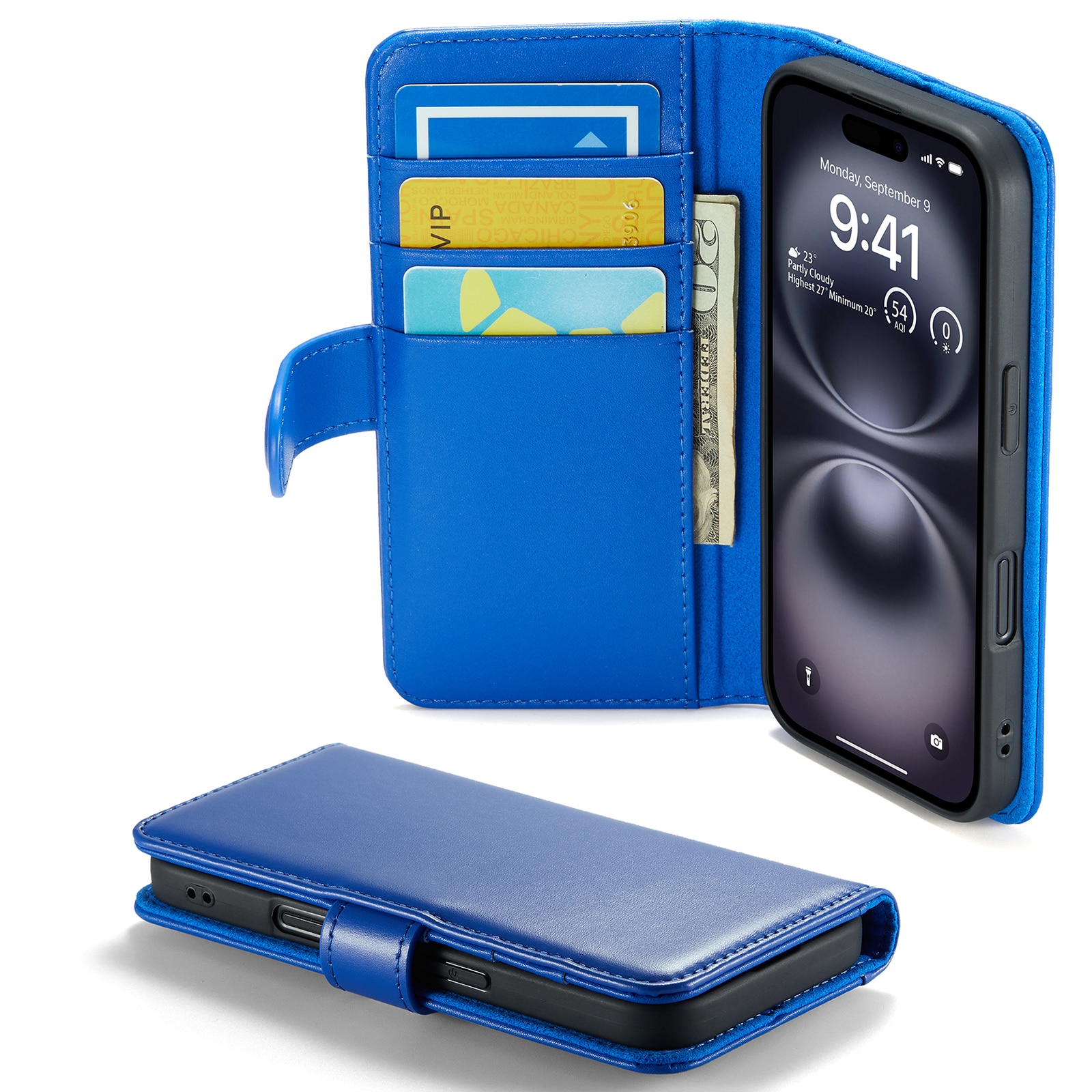 iPhone 16 Genuine Leather Wallet Case Blue