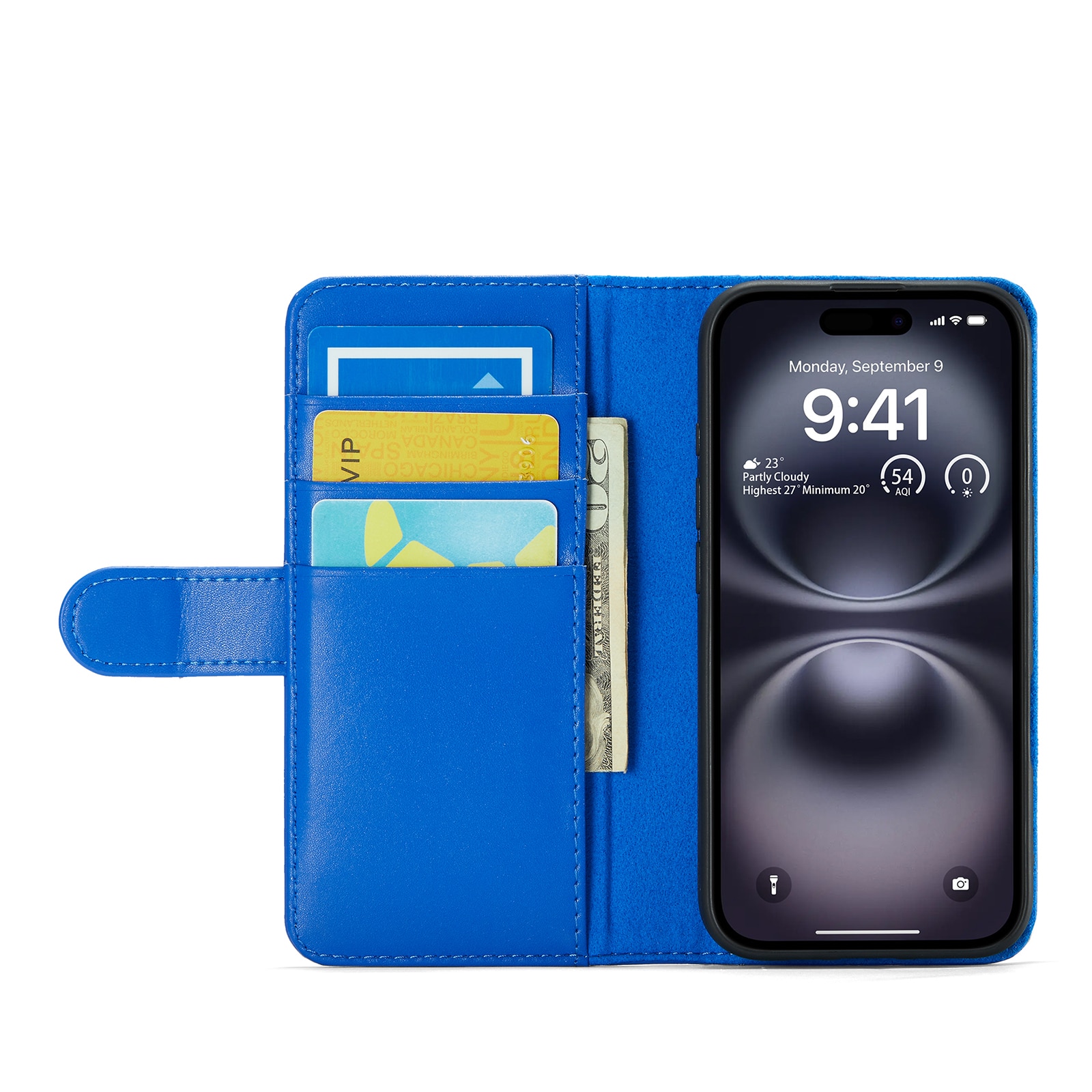 iPhone 16 Genuine Leather Wallet Case Blue