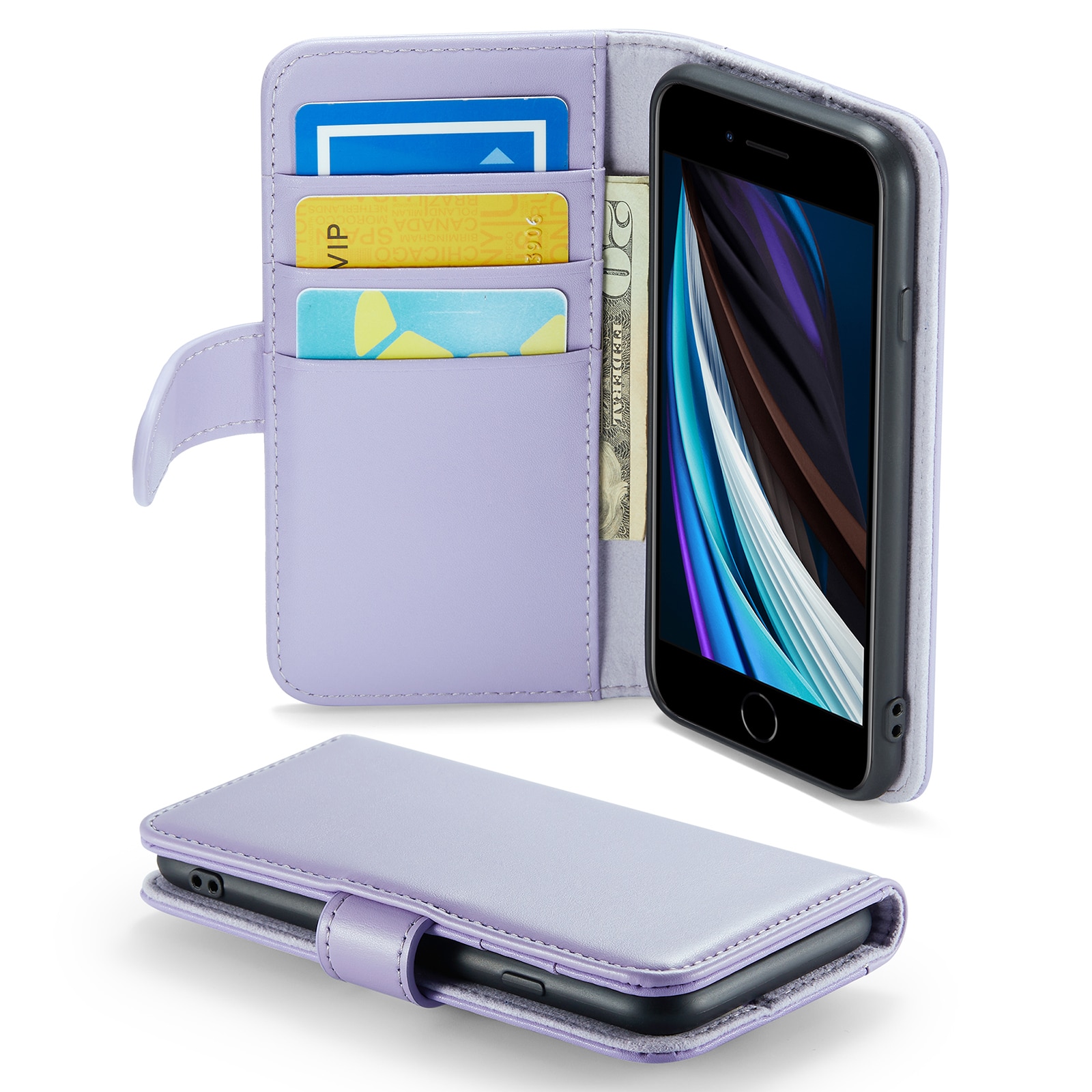 iPhone SE 2022 Genuine Leather Wallet Case Purple