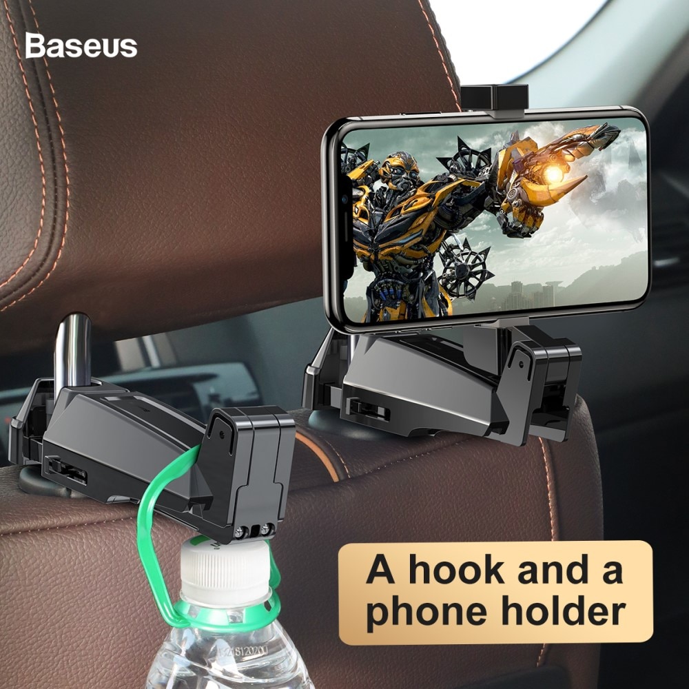 Car Headrest Mobile Holder with Hook, Black