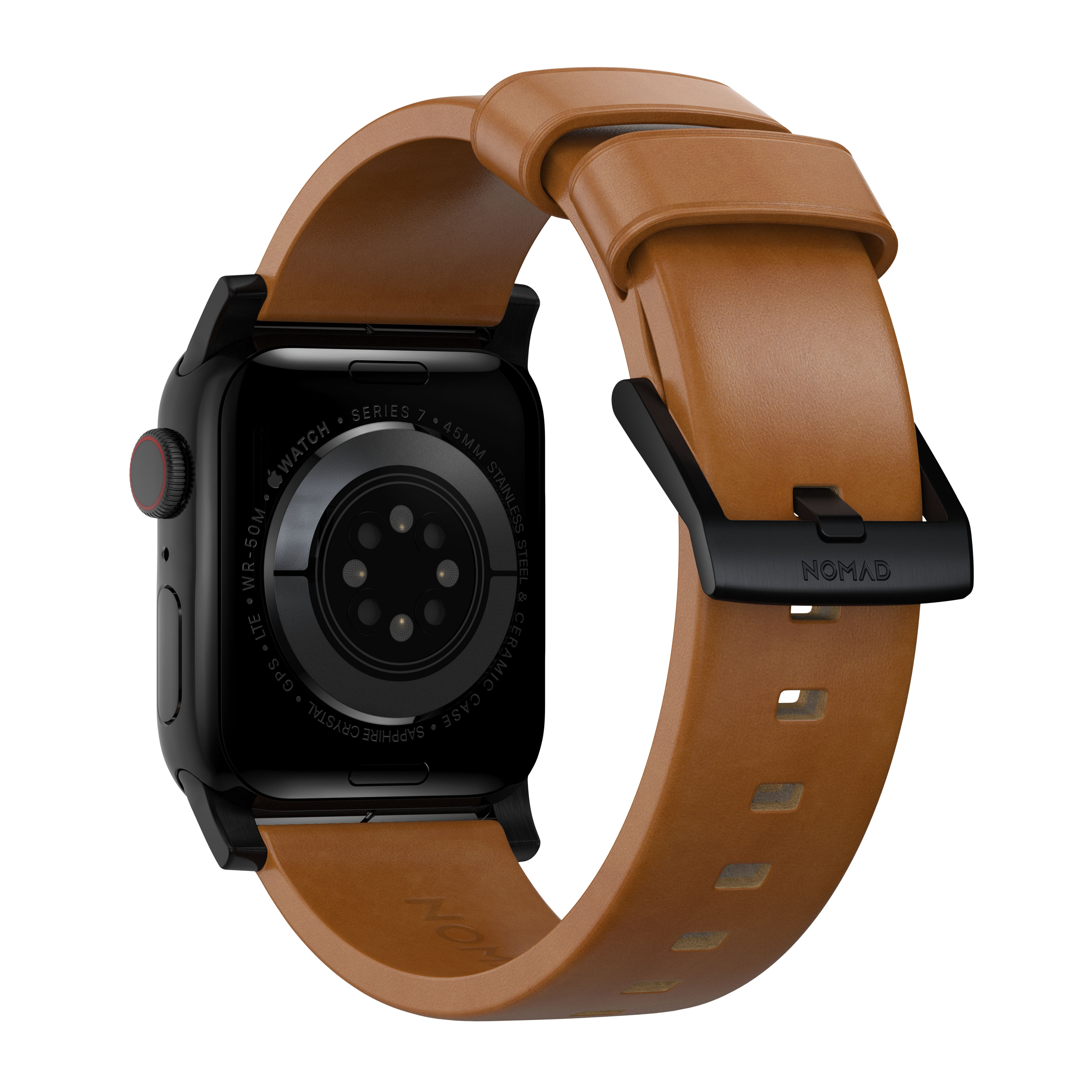 Apple Watch 44mm Modern Leather Band English Tan (Black Hardware)