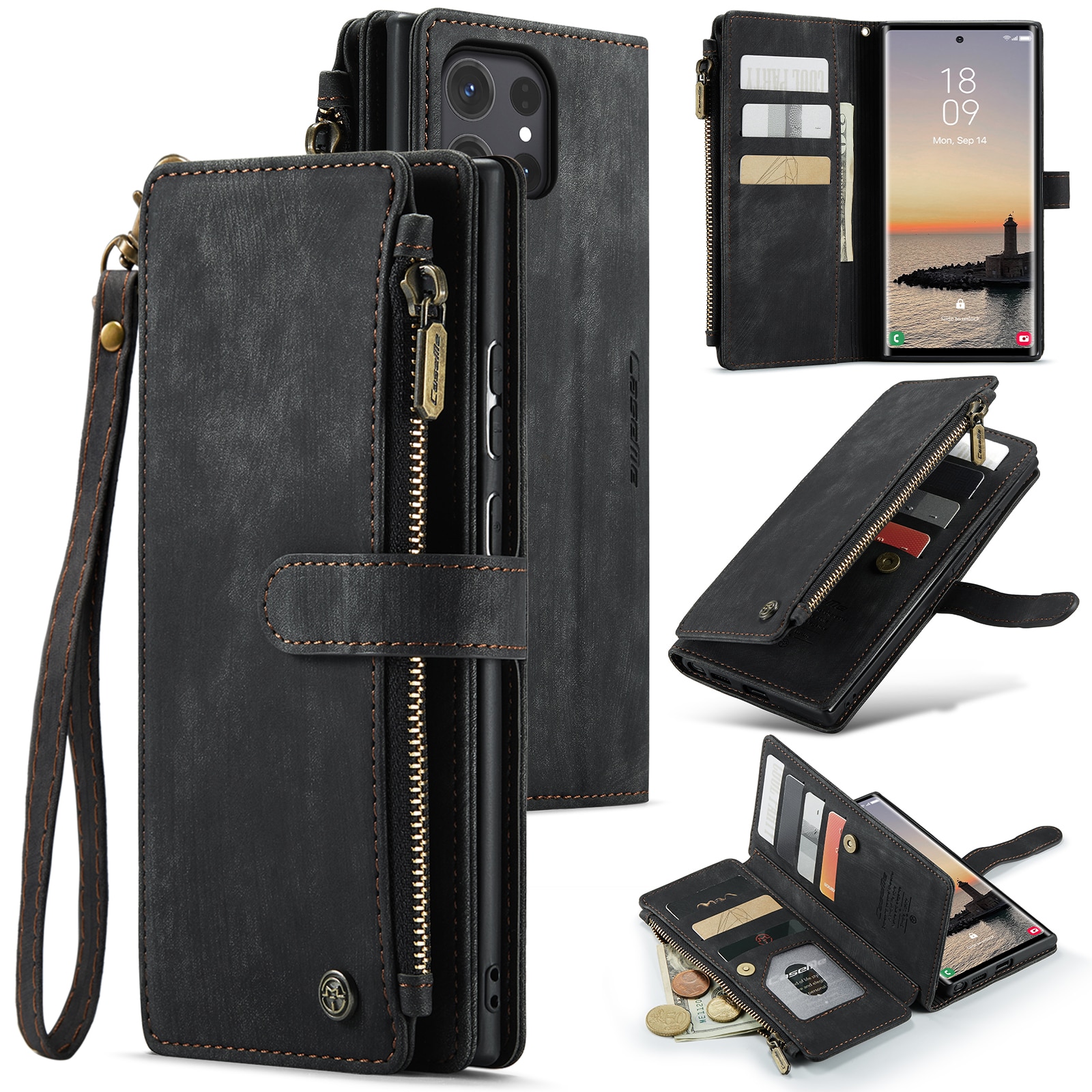CaseMe Samsung Galaxy S24 Ultra Zipper Wallet Book Cover Black
