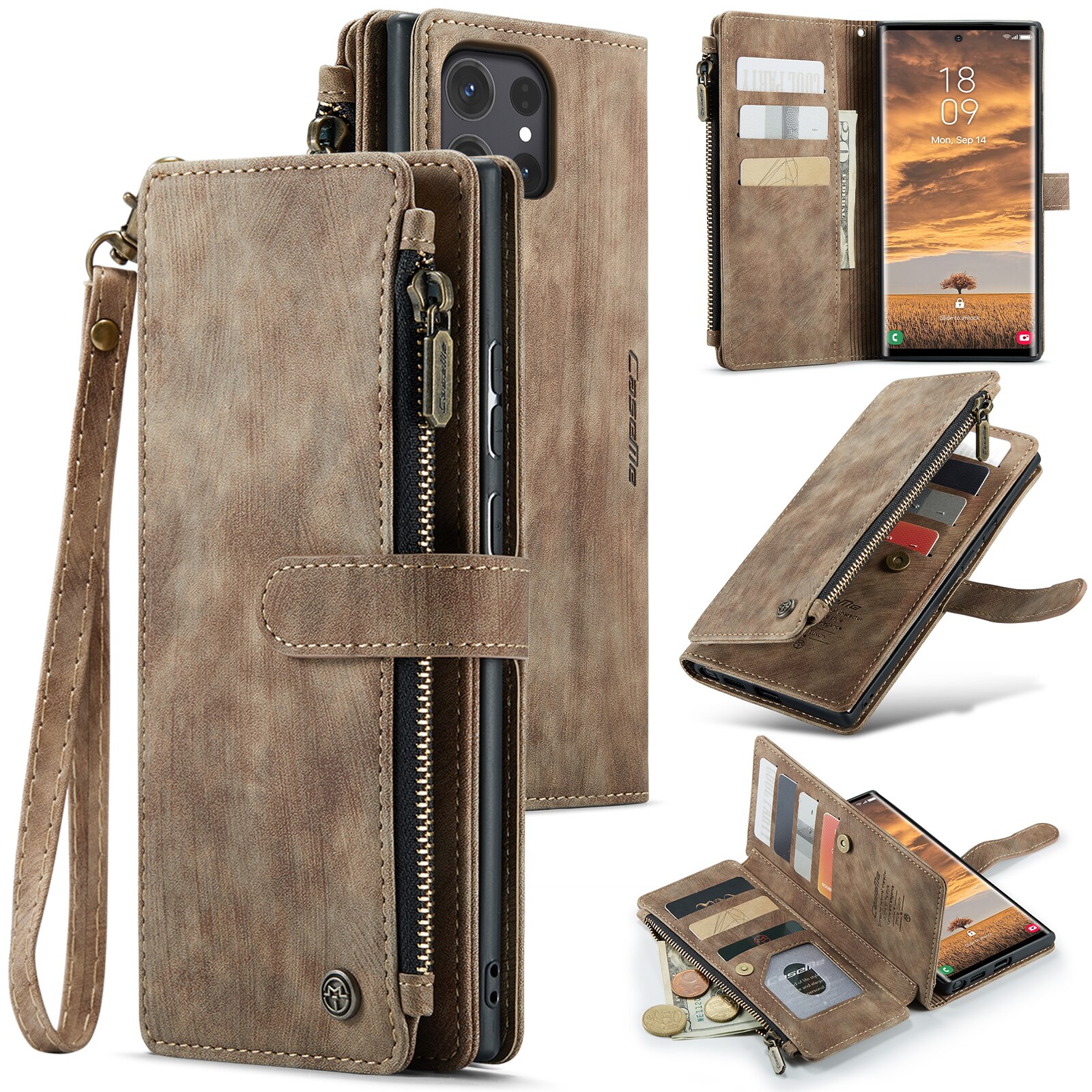 CaseMe Samsung Galaxy S24 Ultra Zipper Wallet Book Cover Brown