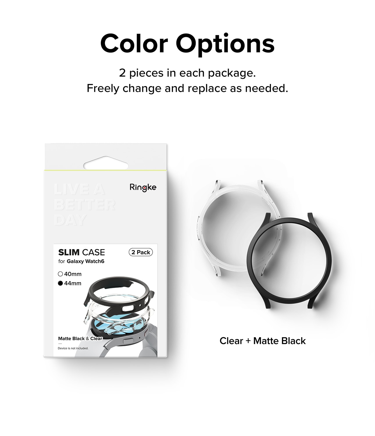Samsung Galaxy Watch 6 44mm Slim Case (2-pack) Matte Black & Clear