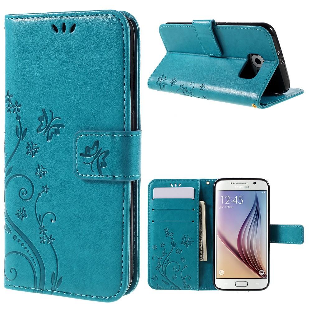 Samsung Galaxy S6 Leather Cover Imprinted Butterflies Blue