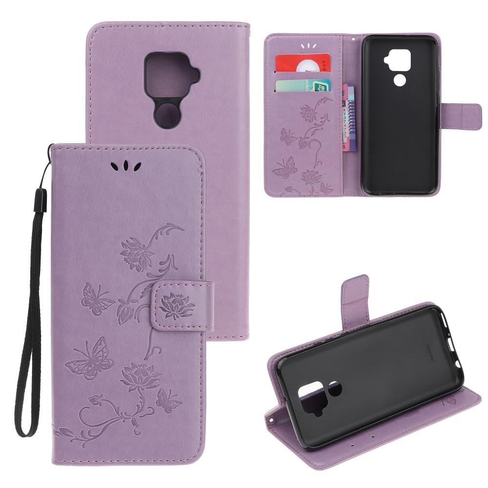 Huawei Mate 30 Lite Leather Cover Imprinted Butterflies Purple