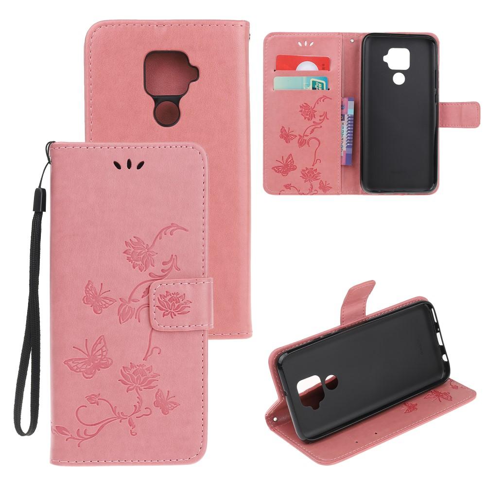 Huawei Mate 30 Lite Leather Cover Imprinted Butterflies Pink