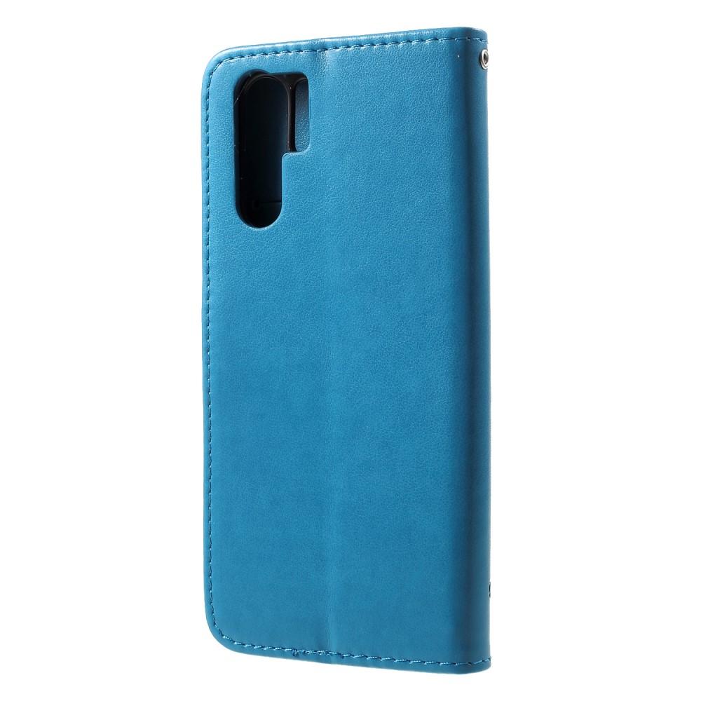 Huawei P30 Pro Leather Cover Imprinted Butterflies Blue