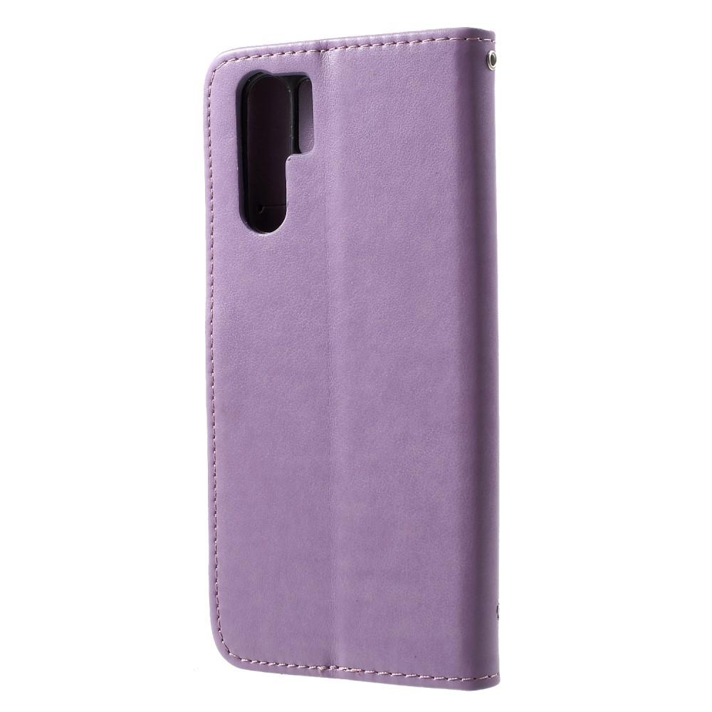 Huawei P30 Pro Leather Cover Imprinted Butterflies Purple