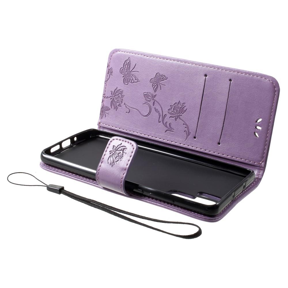 Huawei P30 Pro Leather Cover Imprinted Butterflies Purple