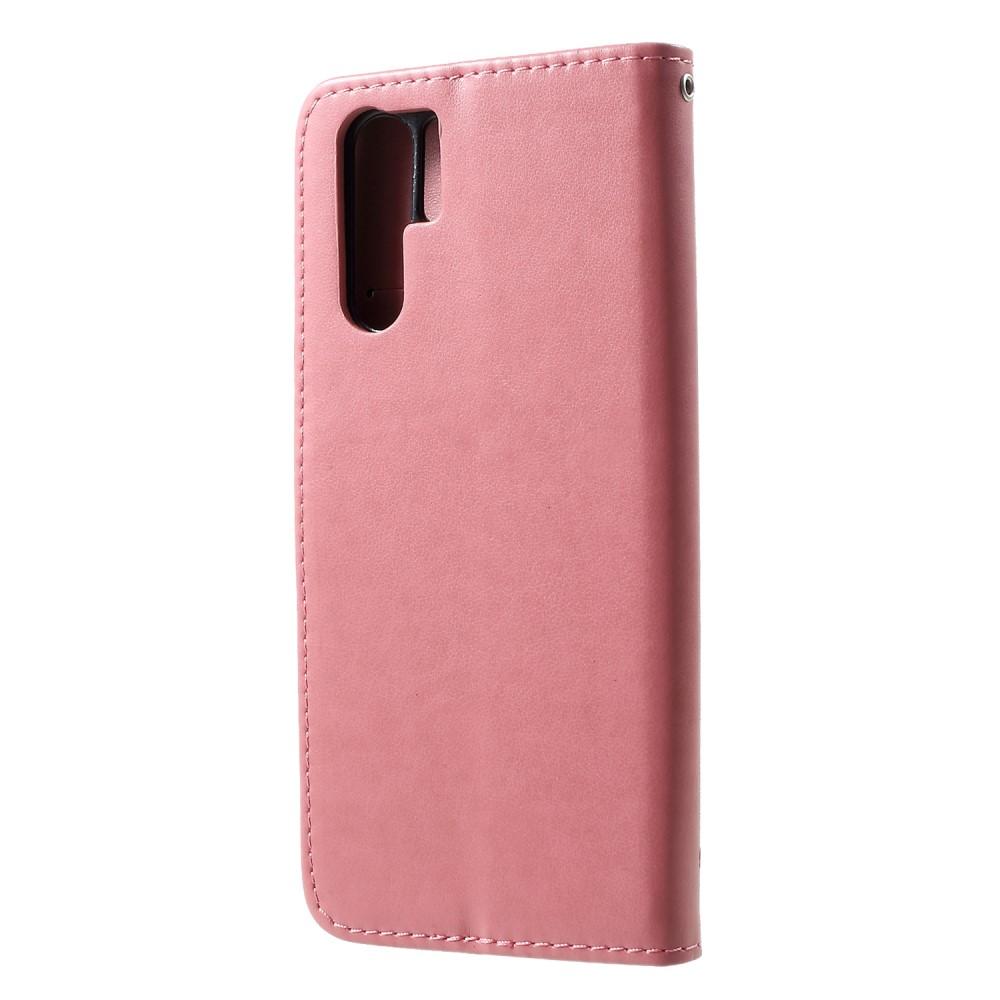 Huawei P30 Pro Leather Cover Imprinted Butterflies Pink