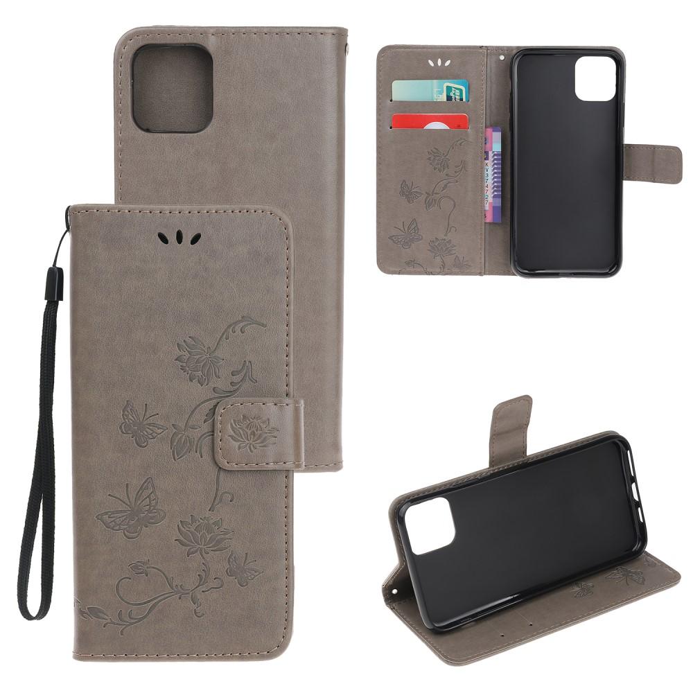 iPhone 11 Leather Cover Imprinted Butterflies Grey