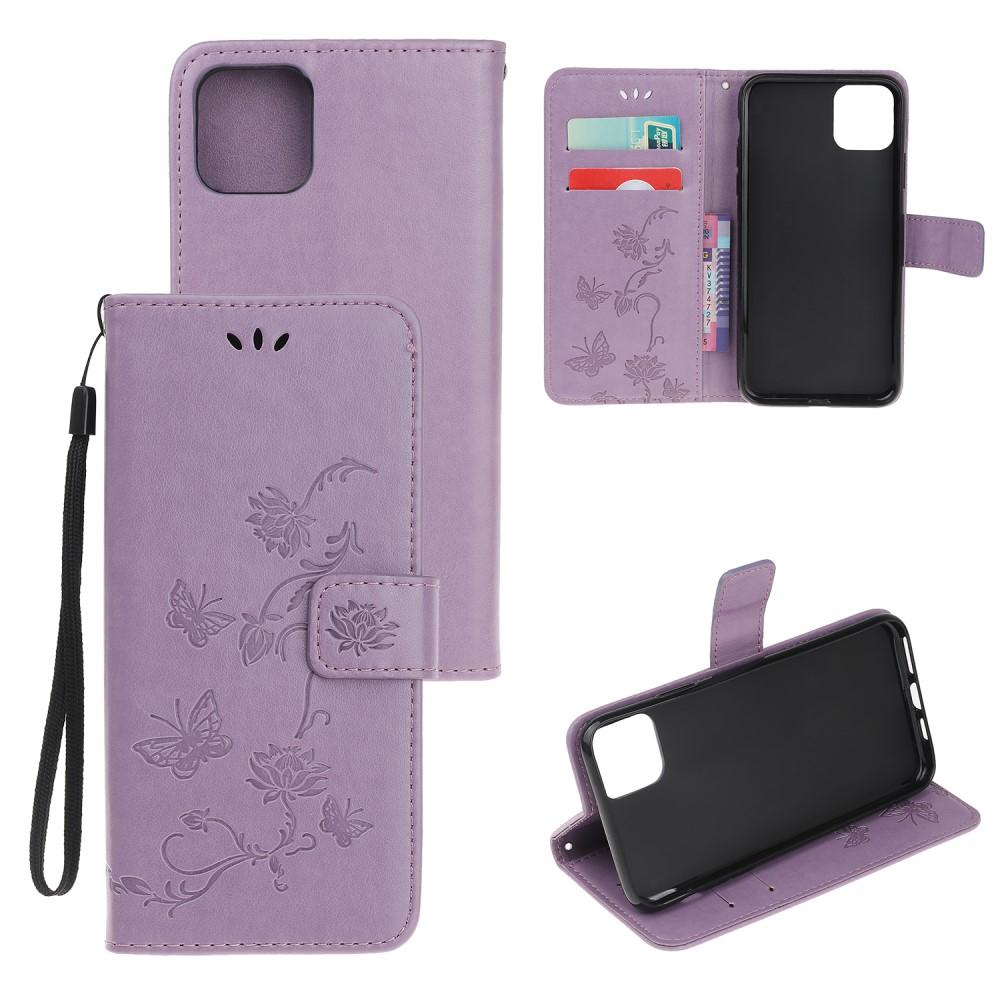 iPhone 11 Leather Cover Imprinted Butterflies Purple