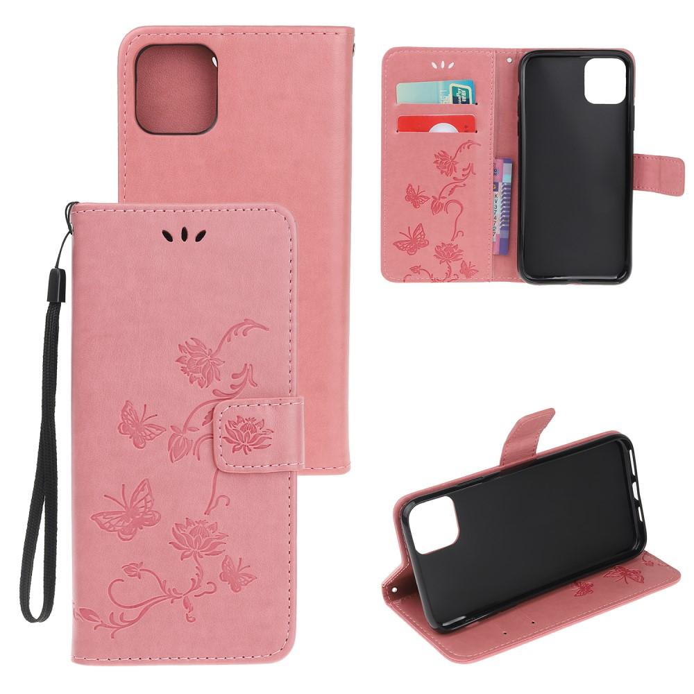 iPhone 11 Leather Cover Imprinted Butterflies Pink