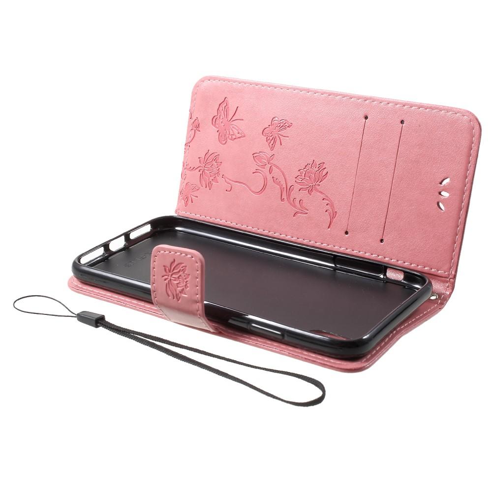 Apple iPhone Xr Leather Cover Imprinted Butterflies Pink