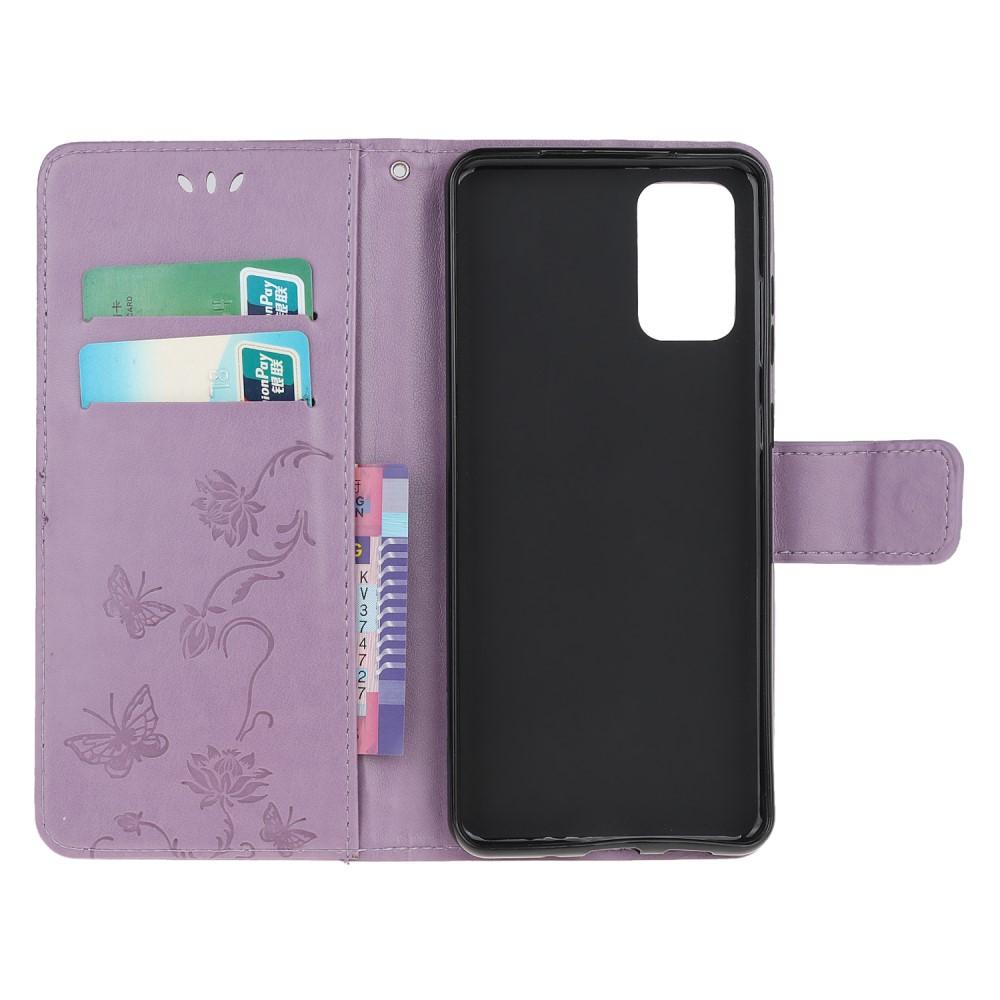 Samsung Galaxy S20 Leather Cover Imprinted Butterflies Purple