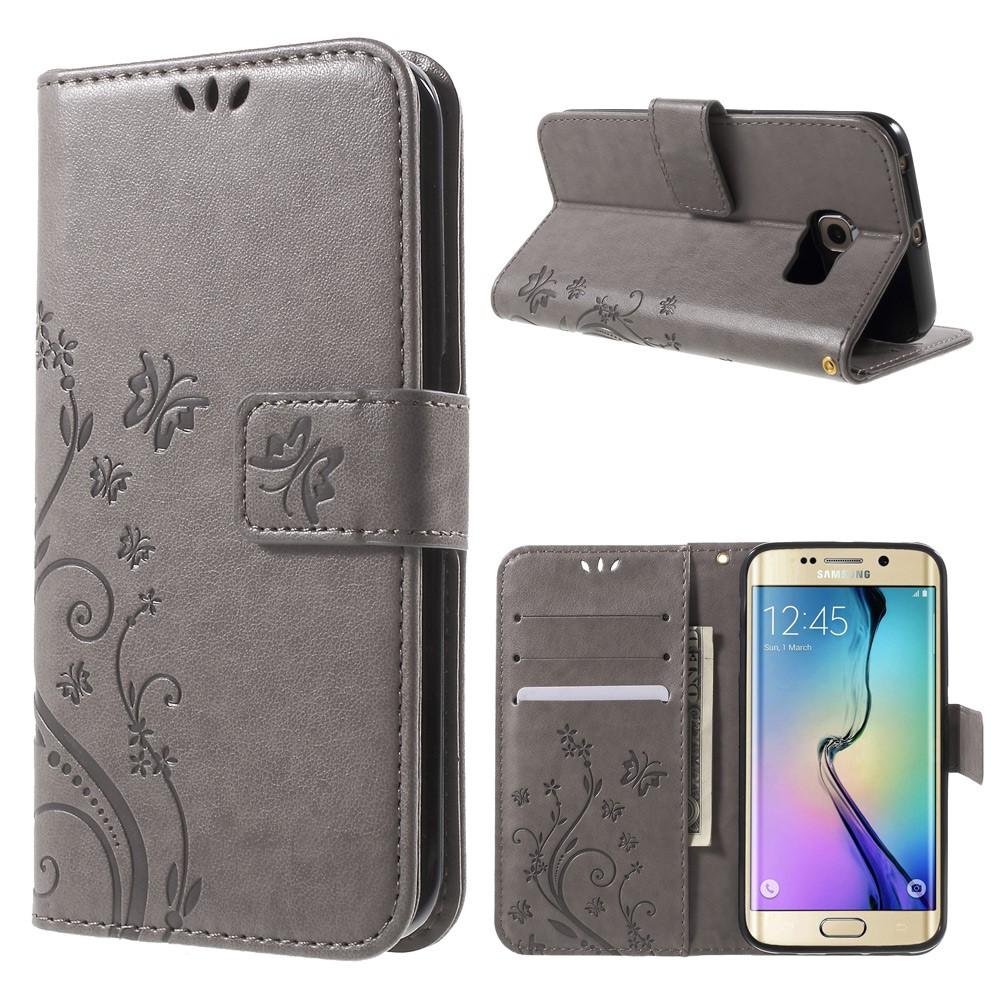 Samsung Galaxy S6 Edge Leather Cover Imprinted Butterflies Grey