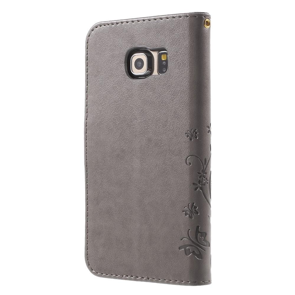 Samsung Galaxy S6 Edge Leather Cover Imprinted Butterflies Grey
