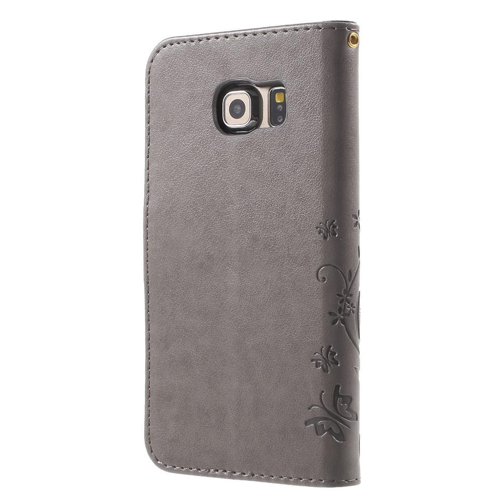 Samsung Galaxy S6 Edge Leather Cover Imprinted Butterflies Grey