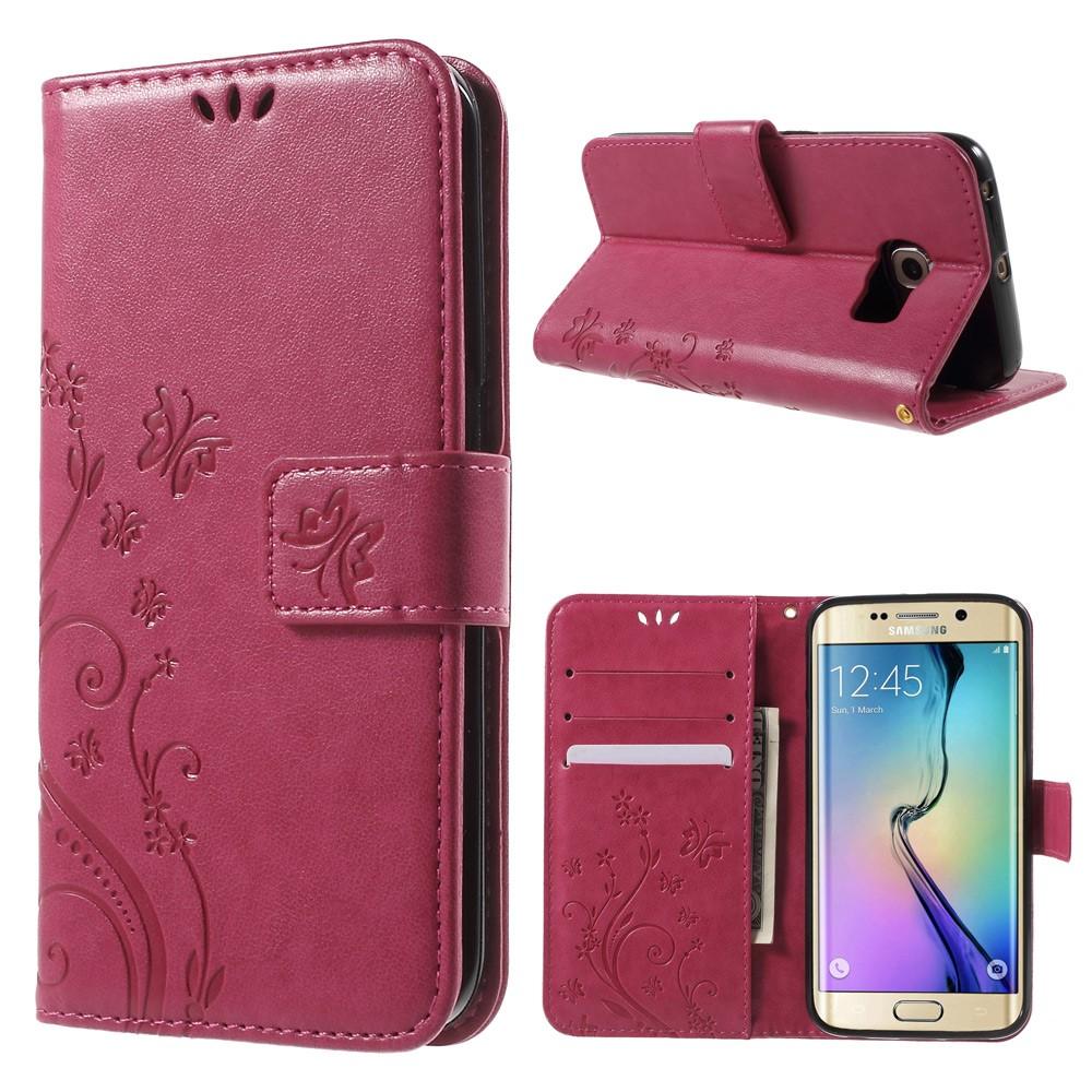 Samsung Galaxy S6 Edge Leather Cover Imprinted Butterflies Pink