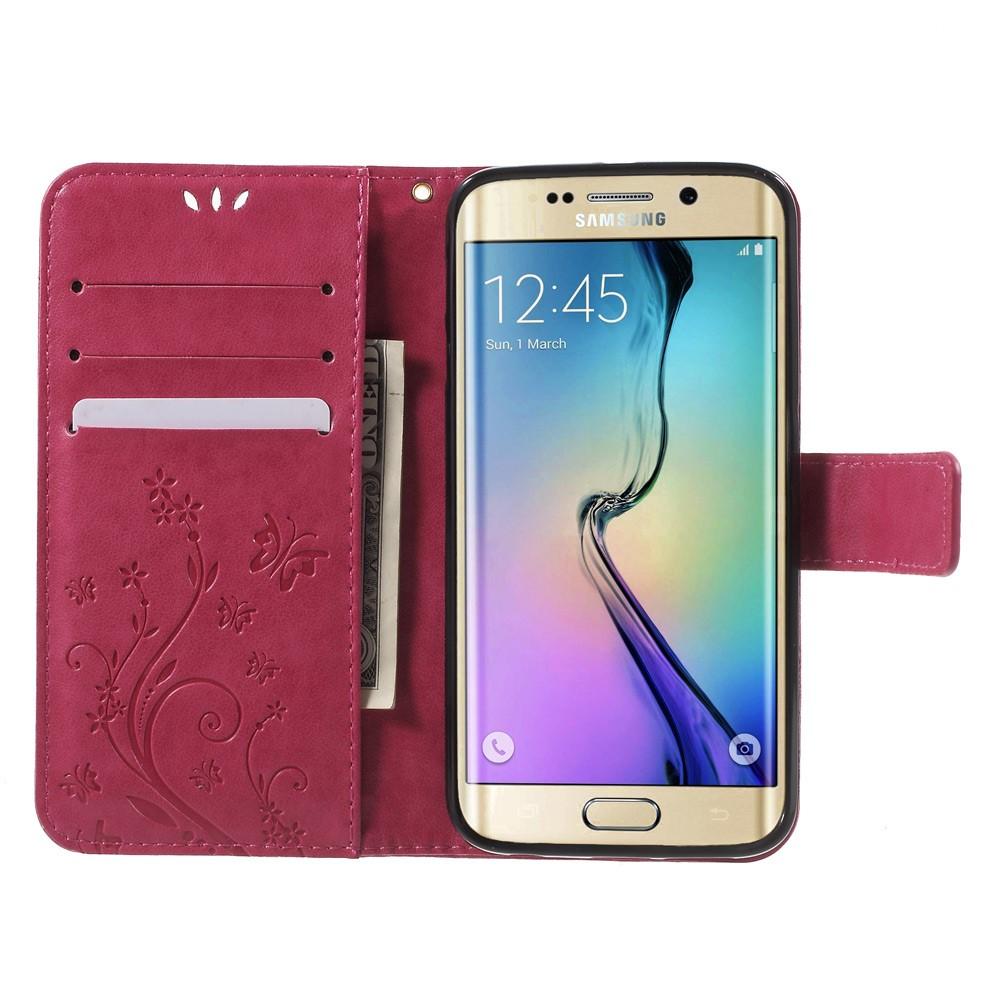 Samsung Galaxy S6 Edge Leather Cover Imprinted Butterflies Pink