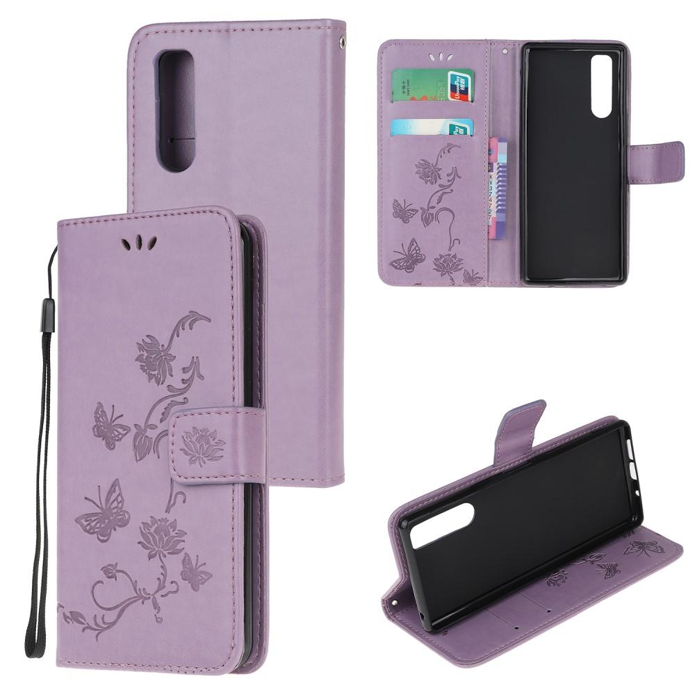 Sony Xperia 5 Leather Cover Imprinted Butterflies Purple