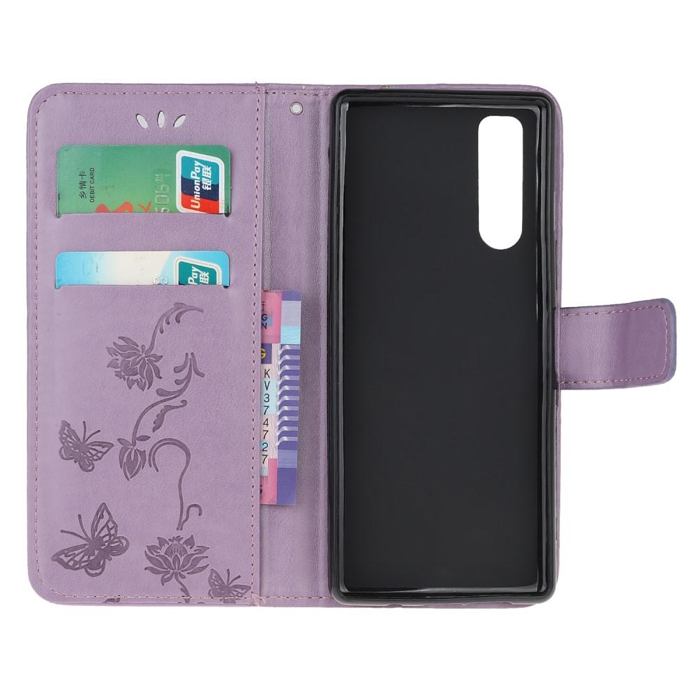 Sony Xperia 5 Leather Cover Imprinted Butterflies Purple