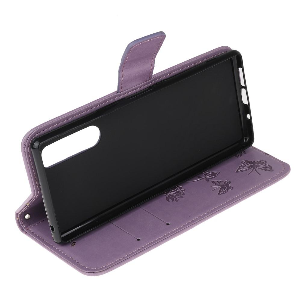 Sony Xperia 5 Leather Cover Imprinted Butterflies Purple