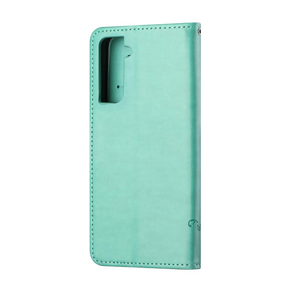 Samsung Galaxy S21 FE Leather Cover Imprinted Butterflies Green