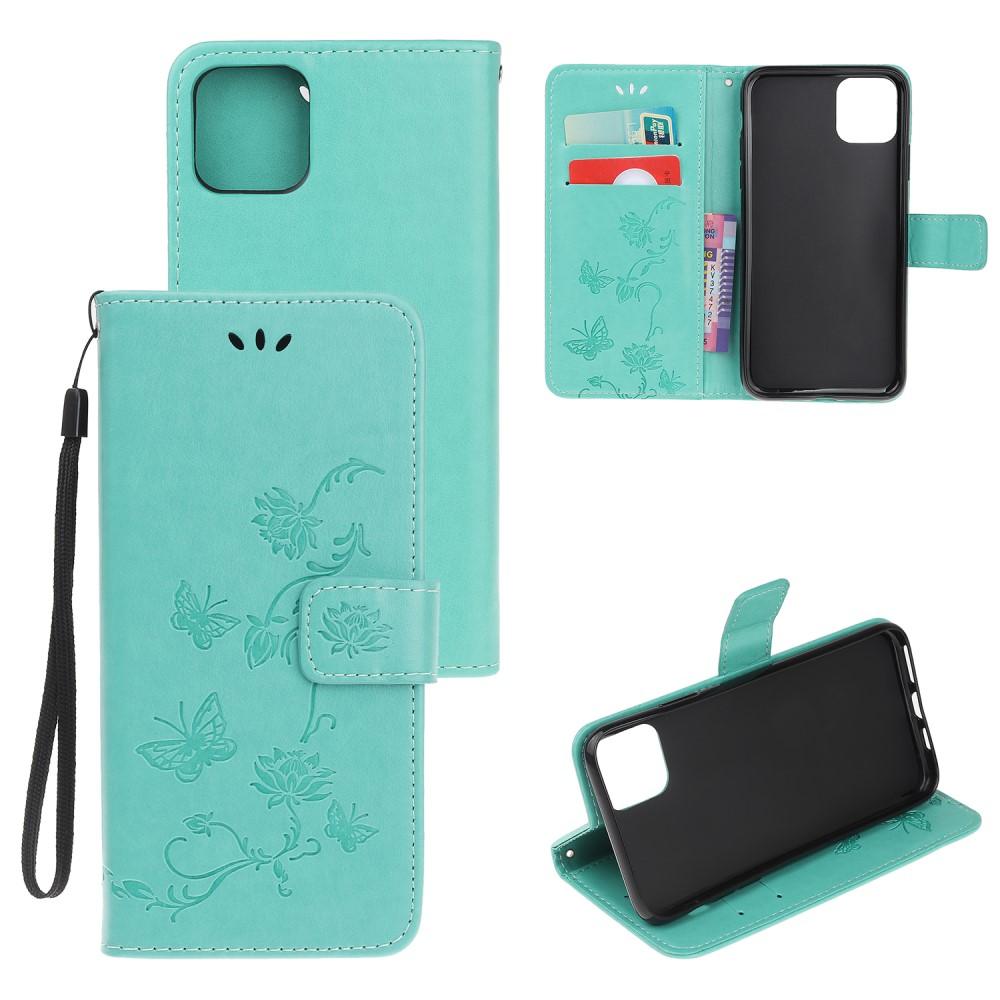 iPhone 12 Mini Leather Cover Imprinted Butterflies Green