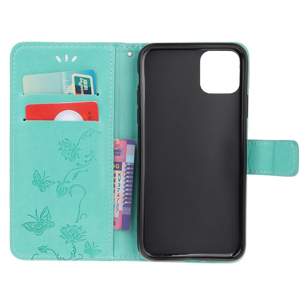 Apple iPhone 12 Mini Leather Cover Imprinted Butterflies Green