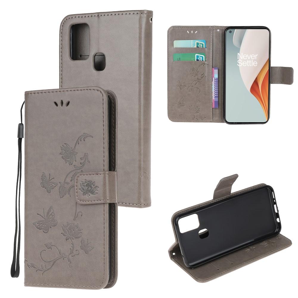 OnePlus Nord N100 Leather Cover Imprinted Butterflies Grey