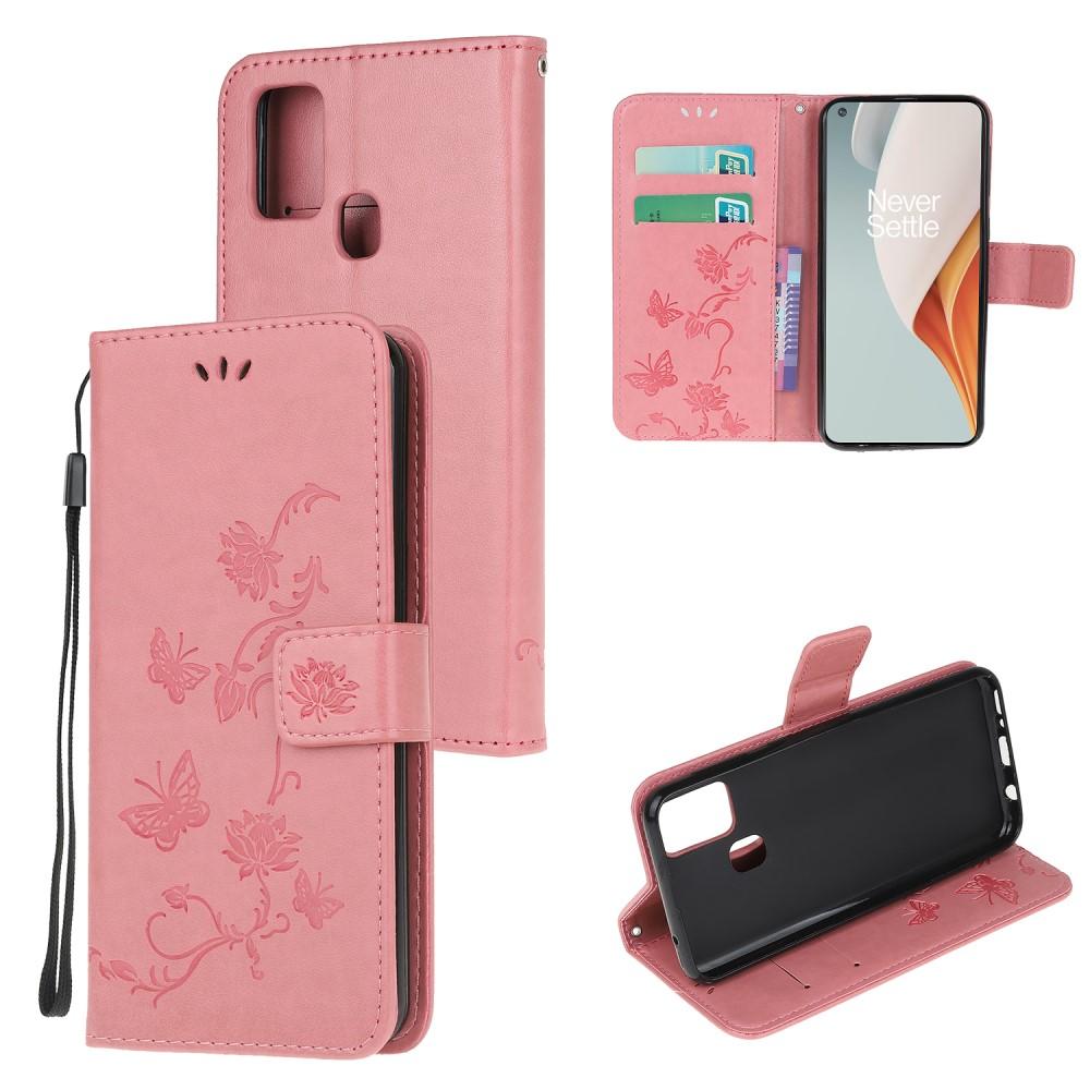 OnePlus Nord N100 Leather Cover Imprinted Butterflies Pink