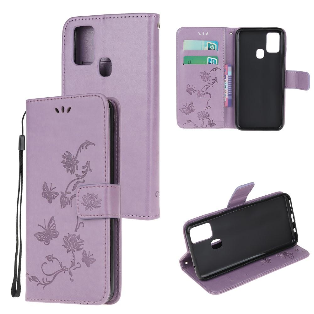 Samsung Galaxy A21s Leather Cover Imprinted Butterflies Purple