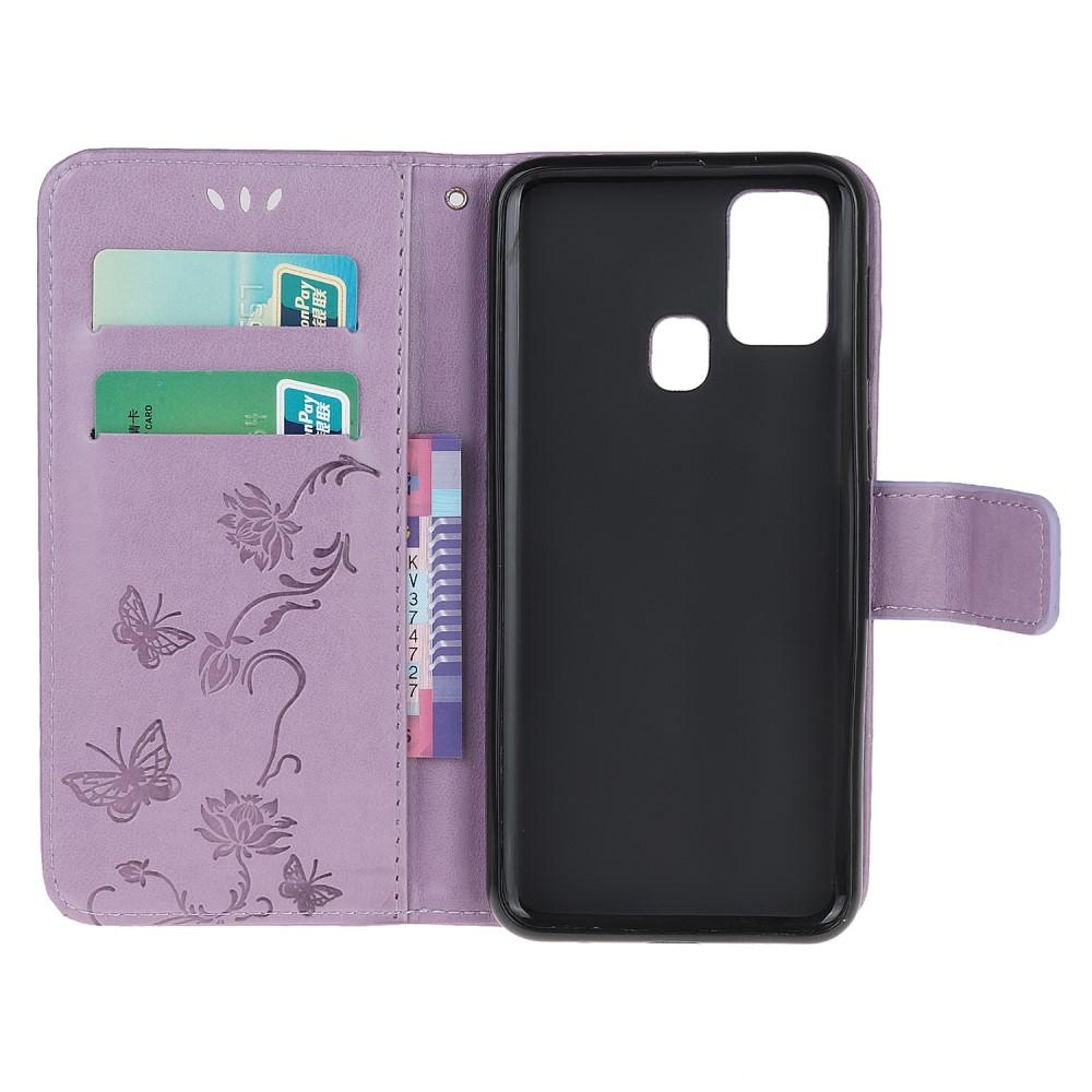 Samsung Galaxy A21s Leather Cover Imprinted Butterflies Purple