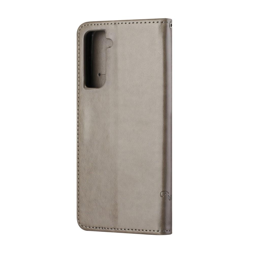 Samsung Galaxy S21 Leather Cover Imprinted Butterflies Grey