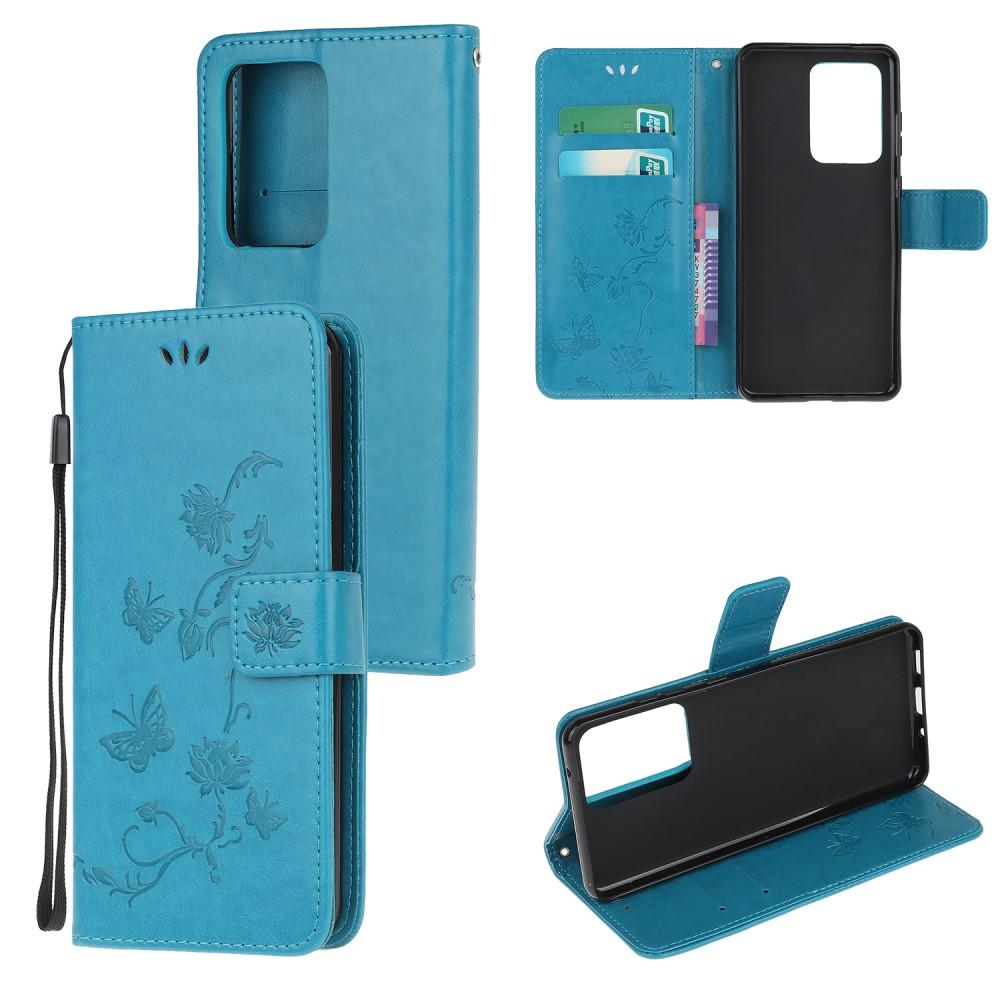 Samsung Galaxy S21 Ultra Leather Cover Imprinted Butterflies Blue