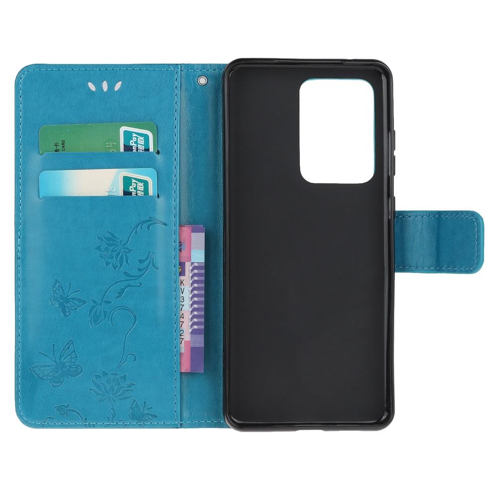 Samsung Galaxy S21 Ultra Leather Cover Imprinted Butterflies Blue