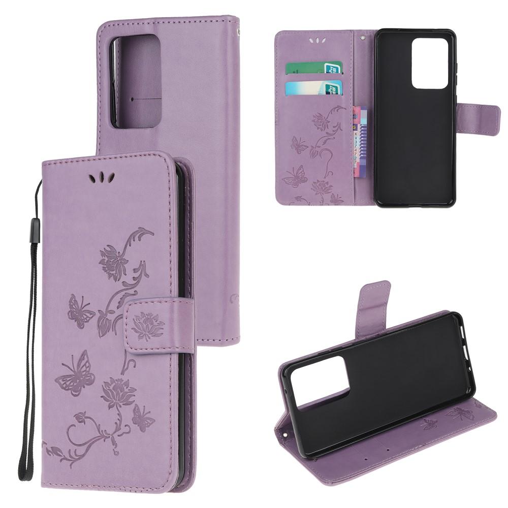 Samsung Galaxy S21 Ultra Leather Cover Imprinted Butterflies Purple