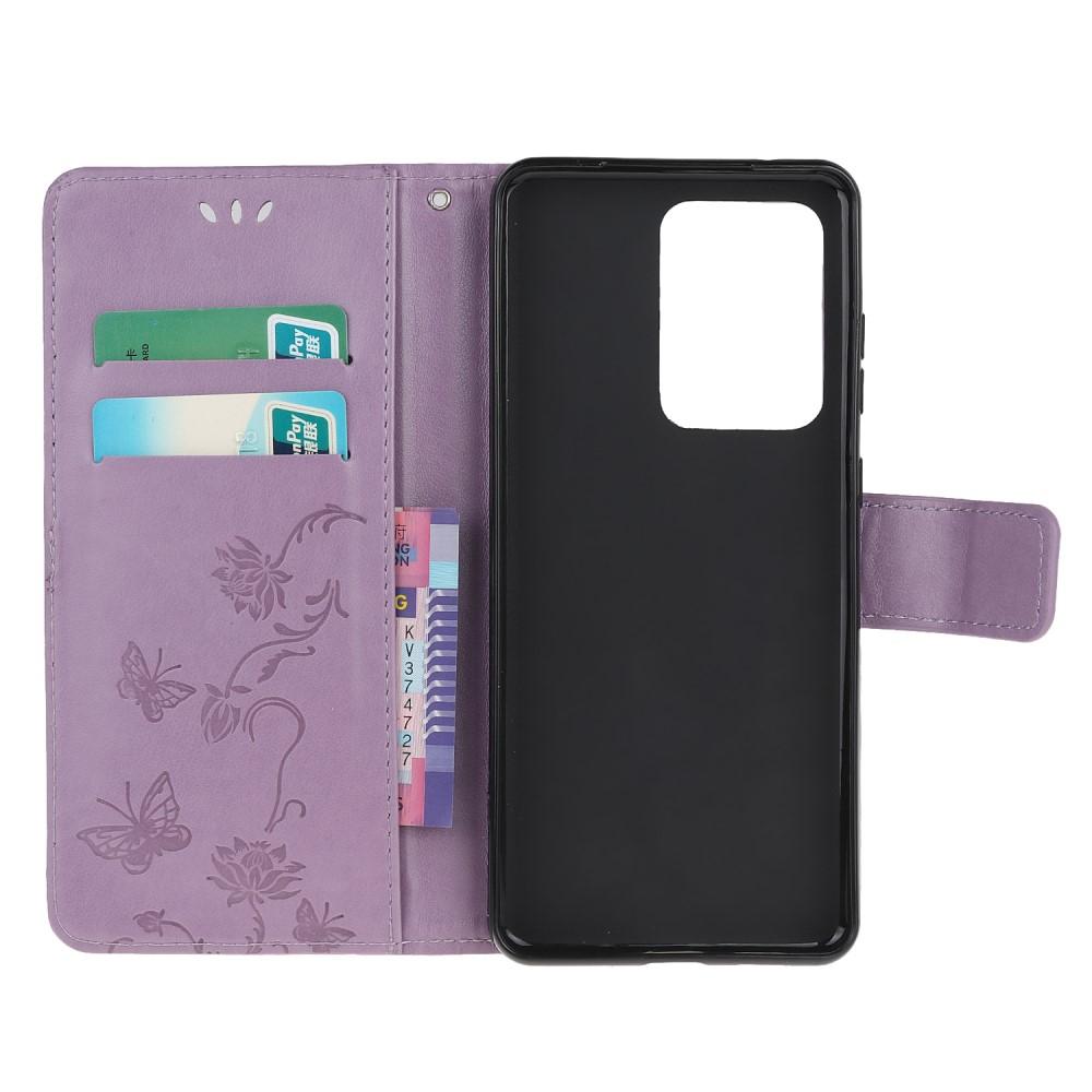 Samsung Galaxy S21 Ultra Leather Cover Imprinted Butterflies Purple