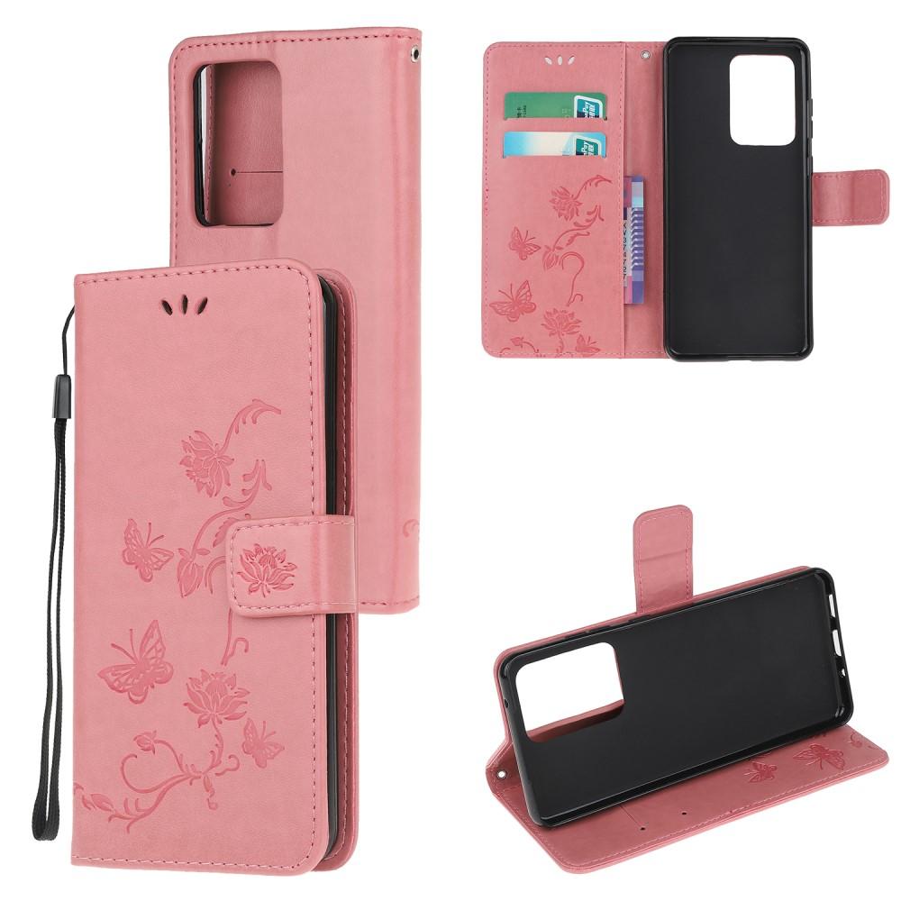 Samsung Galaxy S21 Ultra Leather Cover Imprinted Butterflies Pink