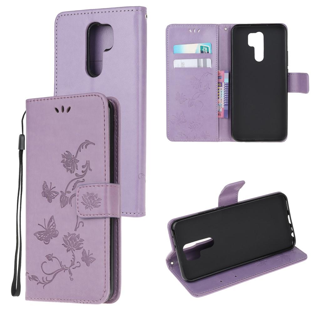 Xiaomi Redmi 9 Leather Cover Imprinted Butterflies Purple